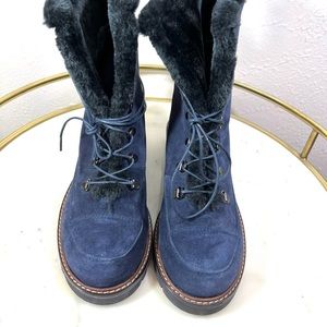 Stuart Weitzman blue suede lace up combat boots. Faux fur lined. Almost new